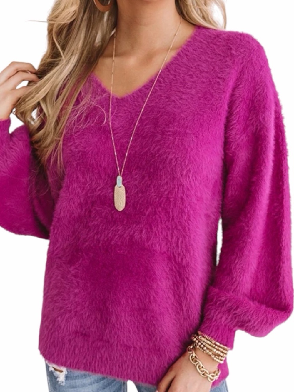 **NWT** Andree By Unit Fuchsia V-Neck Fuzzy Sweater